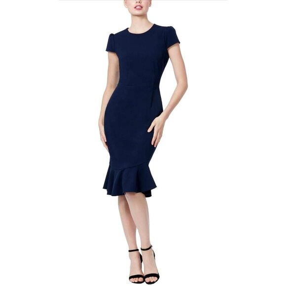 Betsey Johnson Womens Plus Stretch Crepe Dress Navy Blue Ruffle Hem size 14W - Picture 10 of 15